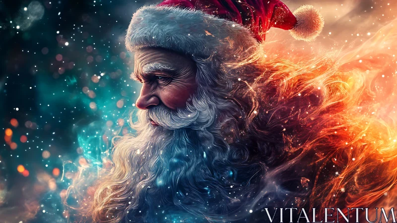 Santa in swirling winter firelight and softly glowing snow.