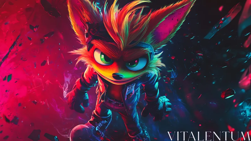 Anthropomorphic fox hero in neon bicolor rim lighting, mid-leap