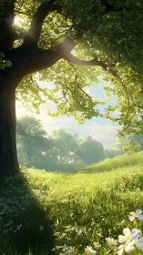 Backlit woodland meadow with volumetric light and detailed foliage