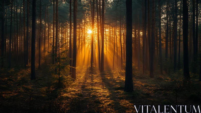Golden Sunburst Through Dense Forest Canopy at Dawn