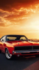 Sunset cruise with a gleaming classic muscle car.
