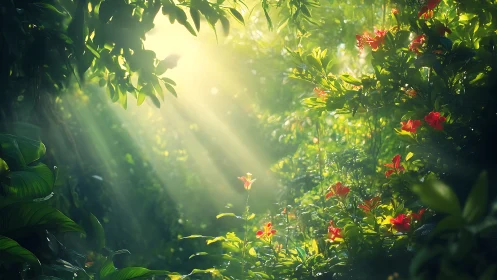 Sunlit garden glade with glowing greenery and red flowers.