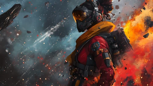 Armored space explorer stands amid debris and explosion