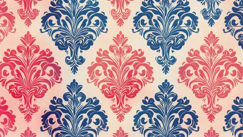 Ornate damask flourishes in pink and blue gradient pattern.