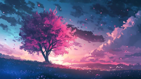 Chromatic twilight cherry tree in atmospheric perspective field.