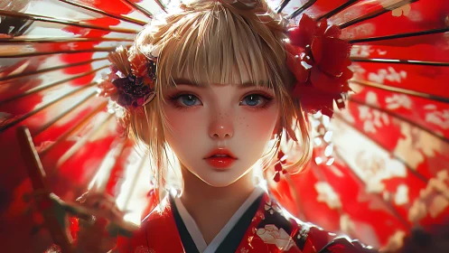 Soft daylight on a parasol girl in red kimono calm gaze.