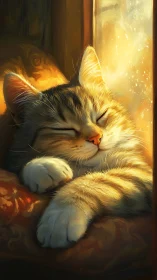 Sunlit tabby dreaming on a velvet throne of afternoon warmth.