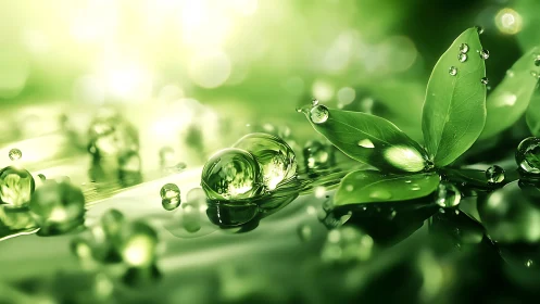 Glowing green droplets resting softly on luminous leaves.