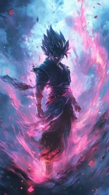 Dark anime warrior within blazing pink cosmic aura.