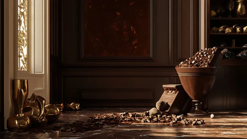 Rendered interior shows chocolate blocks and metallic vessels