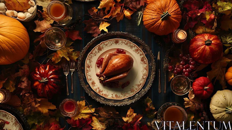 Roast turkey centerpiece on ornate autumn harvest table.