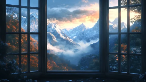 Panoramic window framing snowcapped mountains in warm volumetric light