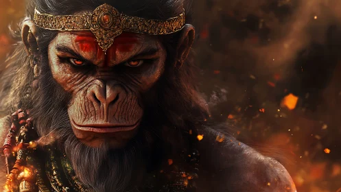 Mythic warrior monkey god emerges amid swirling embers