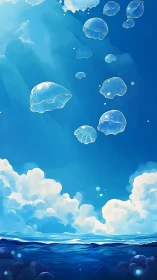 Jellyfish rise through sunlit blue water toward bright clouds
