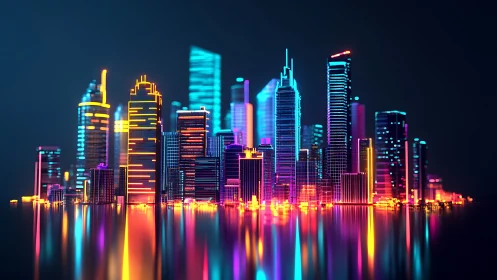 Neon cyberpunk city skyline with vivid glowing reflections.