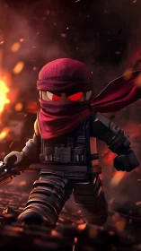 Fearless toy ninja strides through glowing battle sparks