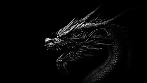 Monochrome serpentine dragon rendered with high contrast detailing.