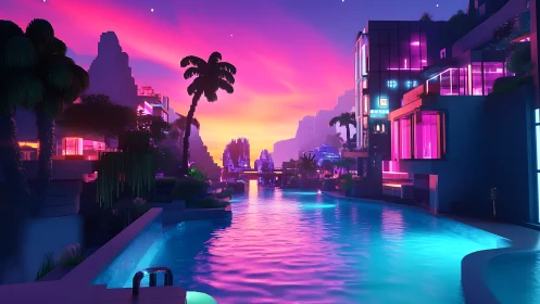Neon waterfront cityscape glows under magenta cyber dusk sky