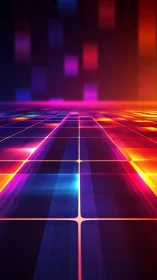 Neon grid corridor glows with vibrant futuristic color bands.