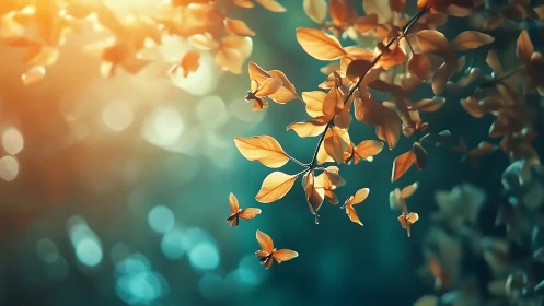 Golden autumn leaves on branch with dreamy bokeh background.