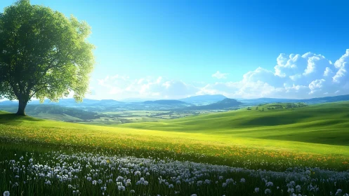 Sunlit hilltop meadow rolls toward distant blue mountains.