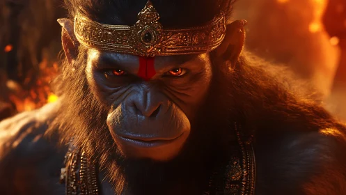 Mythic warrior ape king glares through firelit darkness