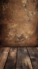 Weathered wooden stage beneath a timeworn sepia wall.
