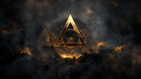 Divine Triangle: Geometric Portal Blazing Through Cosmic Storm.