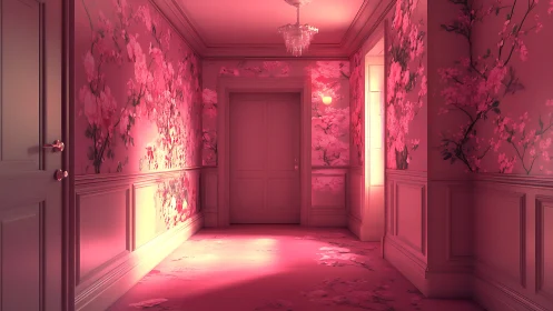Rendered corridor shows monochromatic pink floral interior