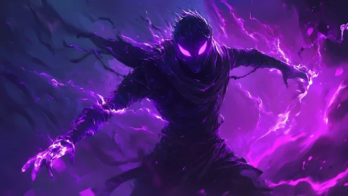 Mysterious purple shadow mage unleashes swirling arcane power