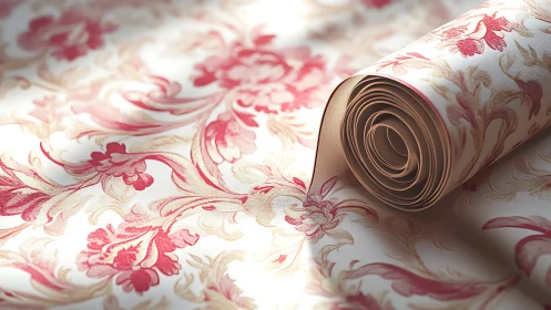 Elegant floral wallpaper roll lies in soft natural daylight