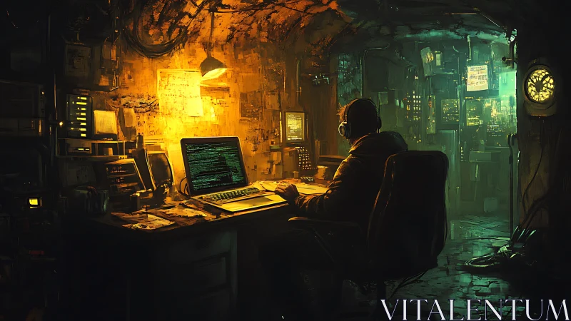 Midnight code alchemist in a neon-soaked hacker bunker.
