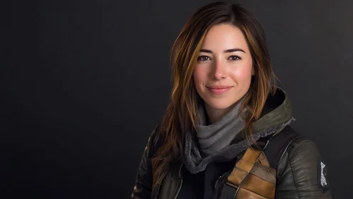 Confident traveler in tactical jacket on dark backdrop.