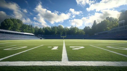 Empty outdoor football field under bright afternoon sky.