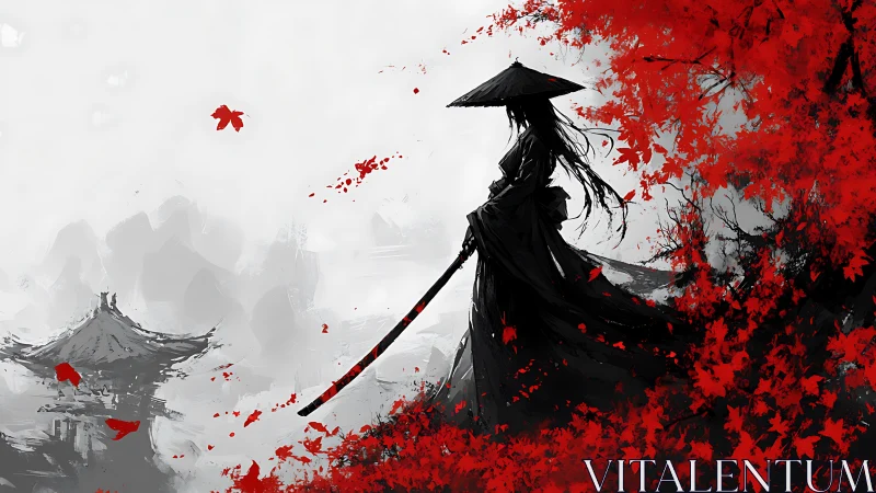 Silhouetted sword figure amid red foliage and distant pagoda.