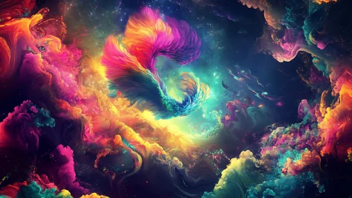 Multicolored nebulous forms in abstract cosmic environment.