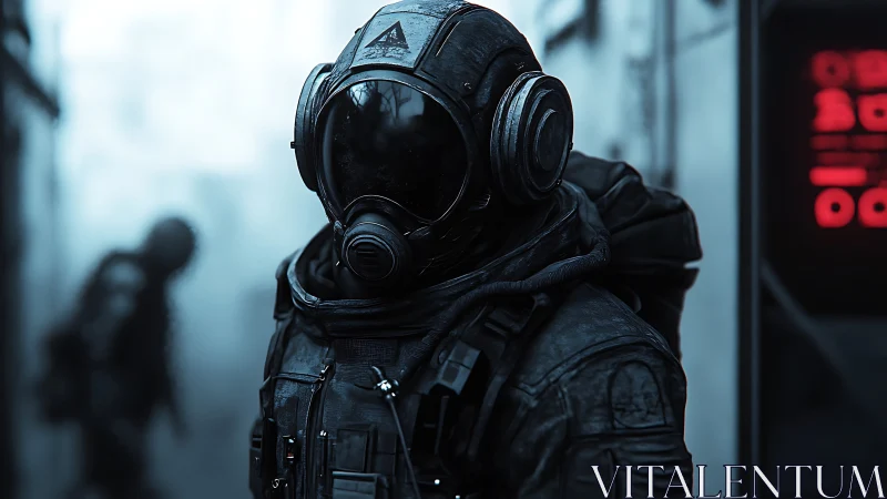 Cinematic cyberpunk hazmat operator in fogged corridor.