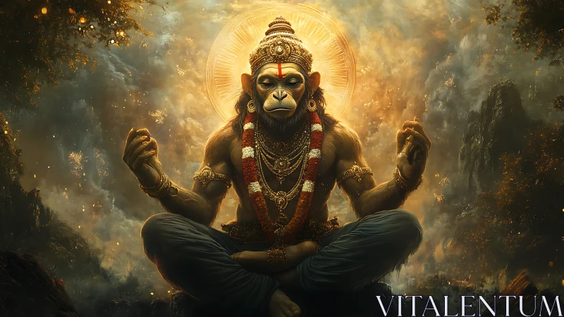 Divine simian yogi in radiant forest haloed in gold light.
