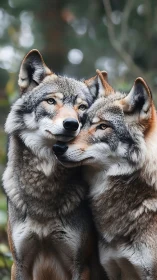 Tender wolf pair shares quiet affection in a misty forest