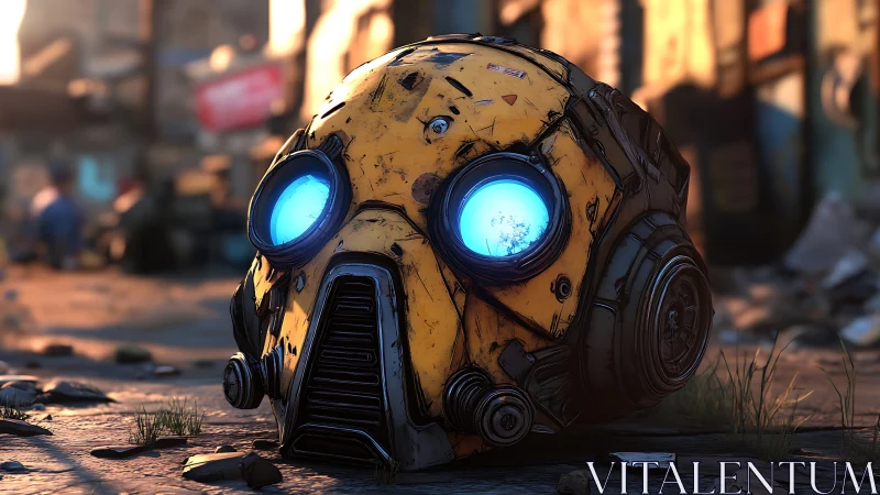 Cel-shaded robotic helmet with glowing cyan optics on ruined street