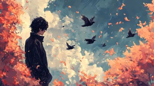 Melancholic figure amid autumn crows and swirling leaves.
