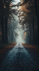 Moody Autumn Forest Path with Misty Perspective and Golden Foliage.