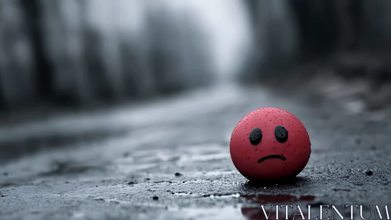 Sad red smiley ball rests alone on wet blurred roadway
