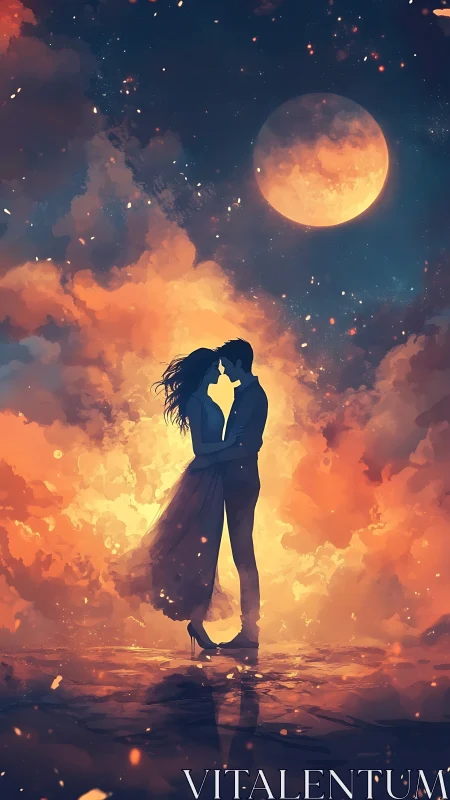 Moonlit Embrace: Two Souls Dancing Through Celestial Fire