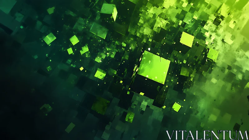 Floating Green Cubes in Abstract Digital Space, Modern Art Style.