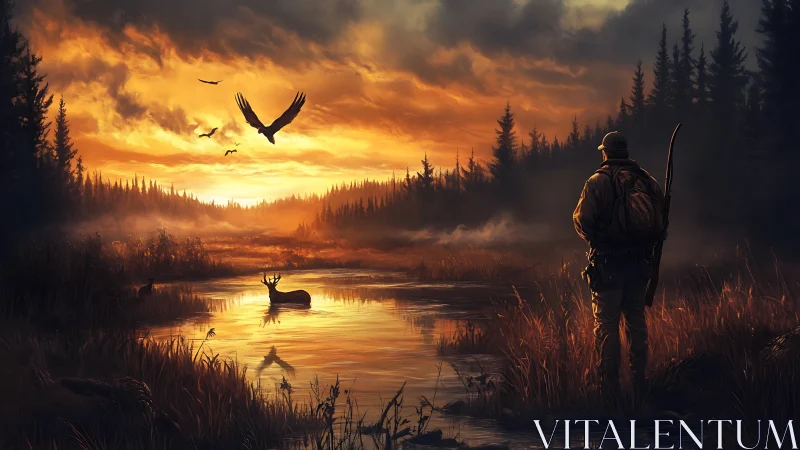 Hunter observes stag in reflective marsh at high-contrast sunset