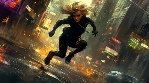 Cyber runner sprints through neon stormlit city streets.