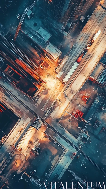 Glowing city construction grid viewed from above at night.