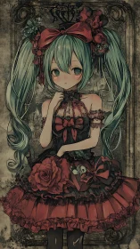 Gothic lolita anime girl rendered with muted vintage palette
