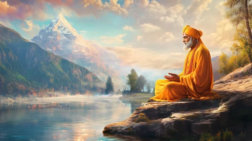 Meditating sage rests by serene mountain lake at sunrise.